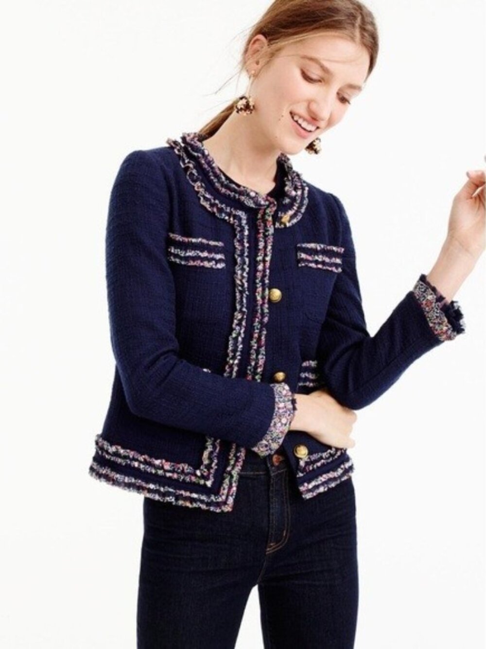 NWT J.Crew Lady Jacket With Liberty Trim in Navy Blue Tweed Cotton 0